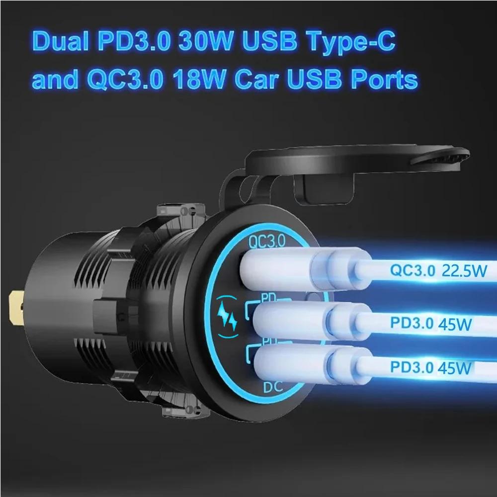 3 порта быстрой зарядки Dual PD & QC 3.0 Aperture 12-24V автомобиль мотоцикл зарядное устройство розетка для мотоцикла лодка морской грузовик квадроцикл
