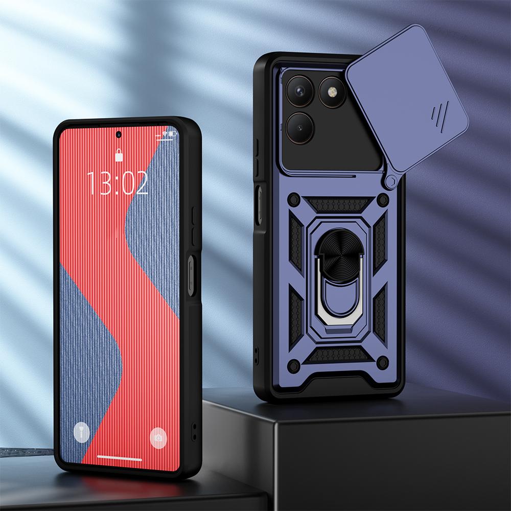 KEYSION Противоударный бронированный чехол для TECNO POVA 7 4G со сдвижной защитой объектива камеры, металлической кольцевой подставкой, задней крышкой для телефона для TECNO Pova7