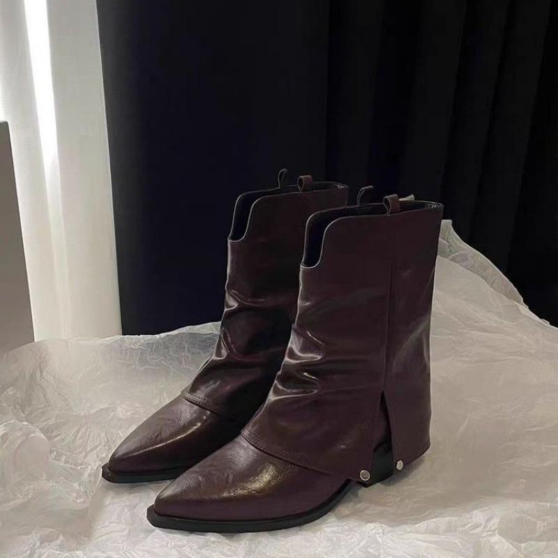 2024 Solid Color Design Pointed Toe Square Heel Winter Tall Simple Office Women's Shoes Pleated Non-slip Winter Boots Zapatos