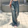 Vintage Ripped Jeans Women's Straight-leg Pants with A Wide Leg Mop