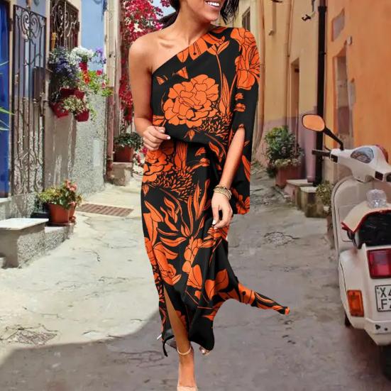 Женское платье макси на одно плечо с рукавами «летучая мышь» и цветочным принтом, длинное платье с разрезом