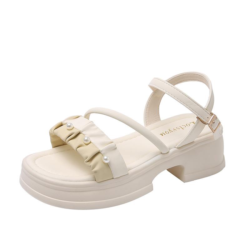 Thickened Heightening Sandals Women's 2025 Summer New Fashion One-word Pearl Belt Fashion Shoes Beach Sandals Women
