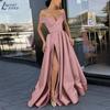 Women's Dress Deep V - Neck, Satin, Multi Color, High Slit Evening Gown Long Gown with Off Shoulder Design and High Slit Skirt
