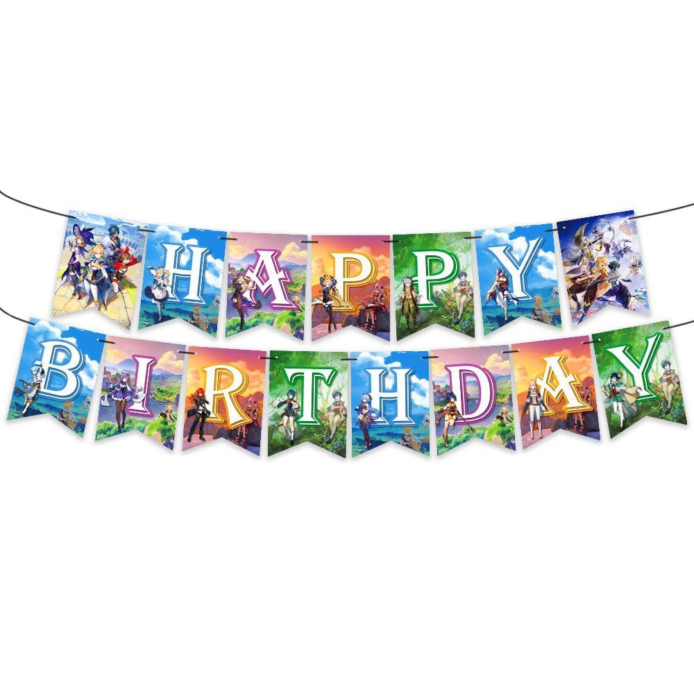 Genshin Birthday Decoration Party Set Genshin Impact Game Anime Character Popular Funny 2 Cute Kids Boys Girls Blue Yellow White Happy Birthday
