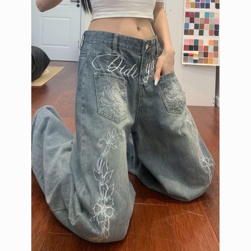 Womens Oversized Retro Floral Embroidered Denim Jeans High-Waisted Loose Straight Cut Comfortable Casual Pants