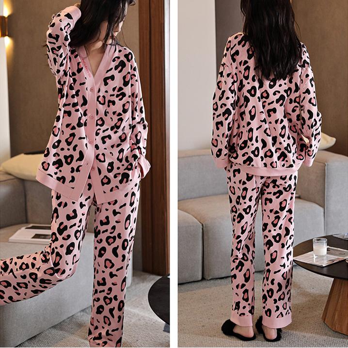 Пижамный комплект с леопардовым принтом осень-зима, топ с длинными рукавами на пуговицах и брюки с эластичным поясом, женская одежда для сна и отдыха