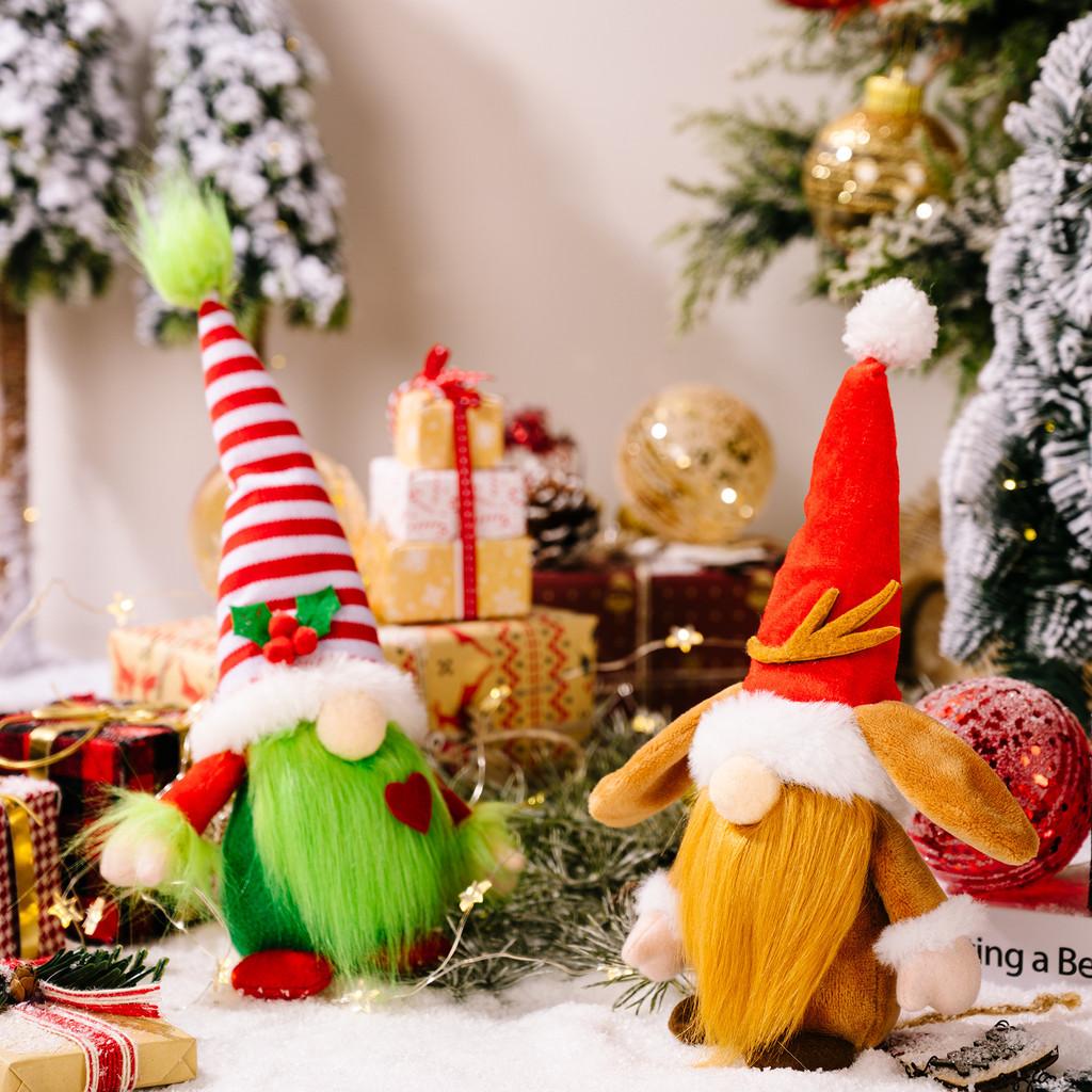 Adorable Red And White Striped Grinch And Rudolph Gnome Christmas Decoration Plush Figure