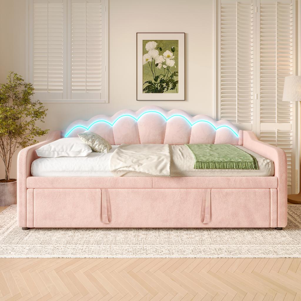Daybed with Pull-Out Bed, Sofa Bed, Single Bed (Without Mattress), Double Bed, Velvet, Color-Changing LED Strip, 90x200cm(180x200cm), Pink