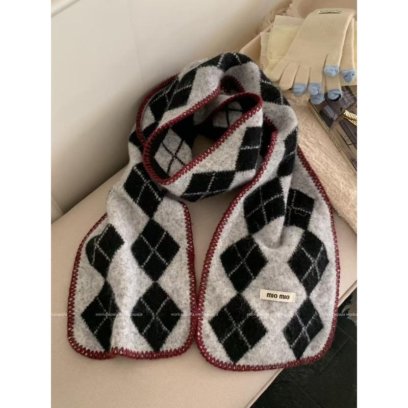 College Style Rhombus Polka Dot Scarf with Wool Scarf Imitation Cashmere Edge Contrasting Autumn and Winter Warm Shawl for Women