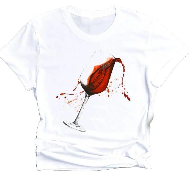 Women's Vintage Tee Color Wine Glass Print a Generation Hair Base Shirt Trend Aesthetic Graphic T Shirts Casual Tops