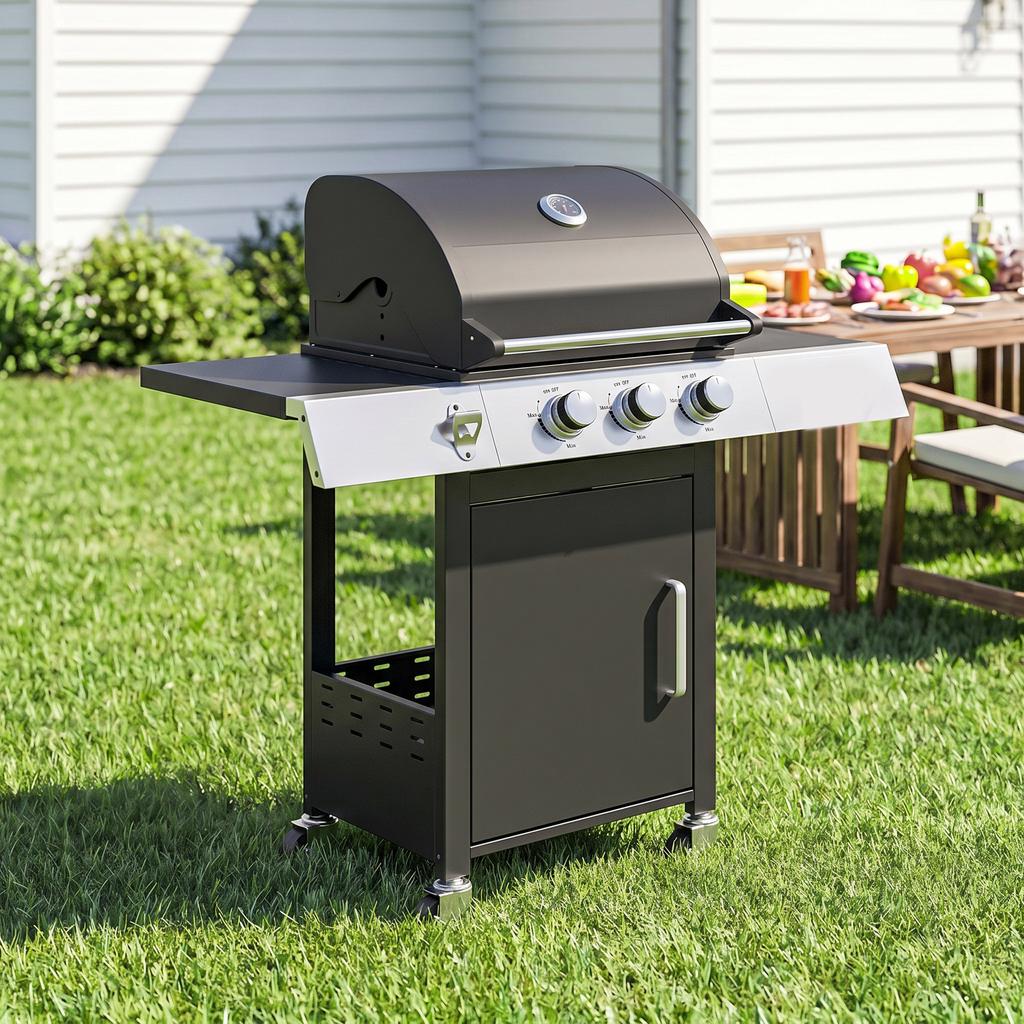 Gas Barbecue With 3 Burners 8.1 Kw Thermometer Grills Side Tables Cabinet And Wheels 109x50x109 Cm Black