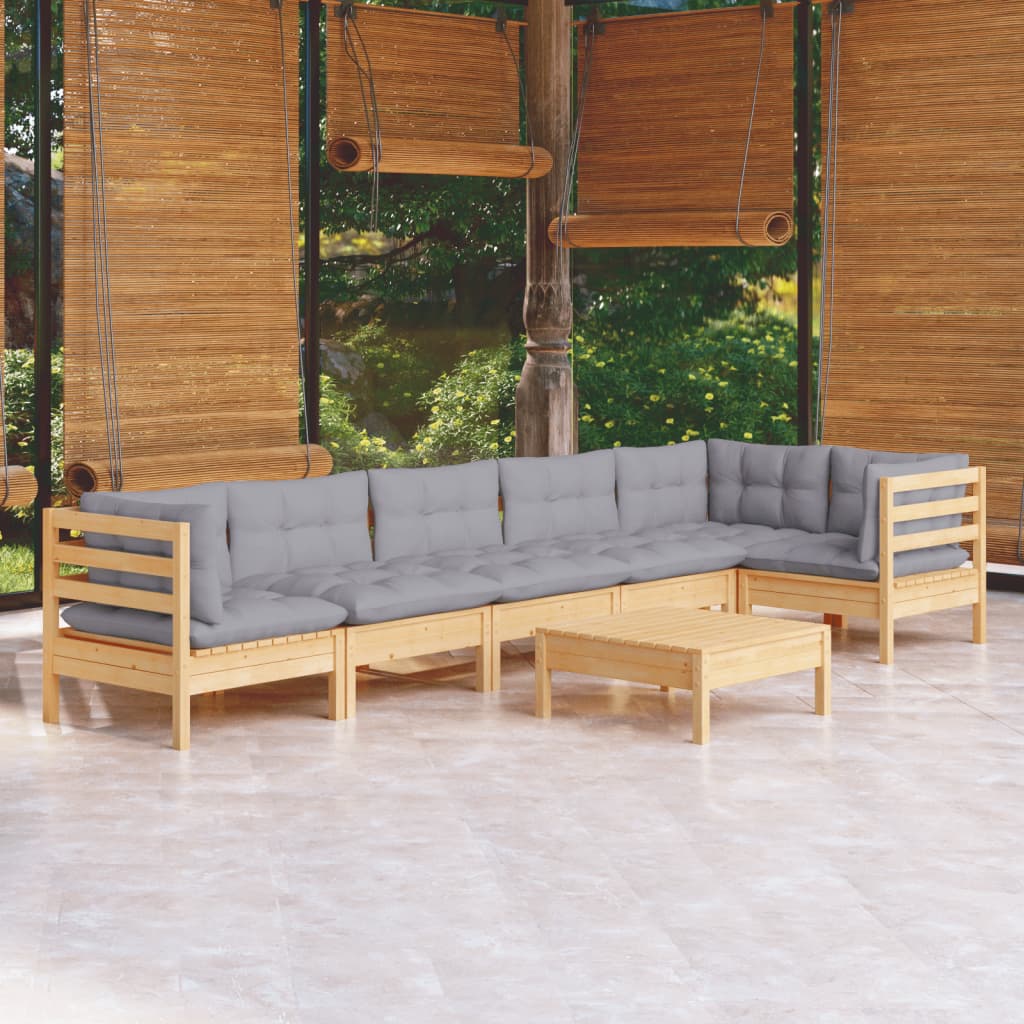 7 Piece Garden Lounge Set with Grey Cushions Pine Wood