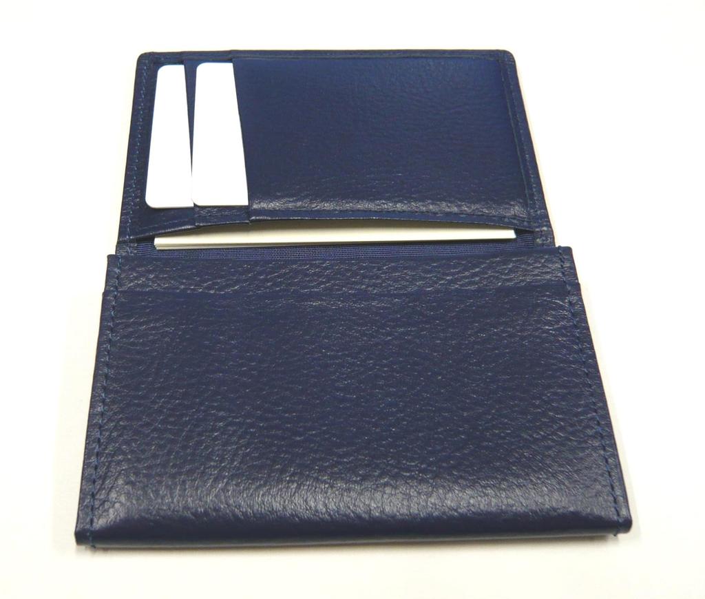 Blue Grained Leather Business Card Holder with Slide Measuring Smartphone Touch and Metal Cap Ballpoint Pen Extra Set Stick, Function, (Blue