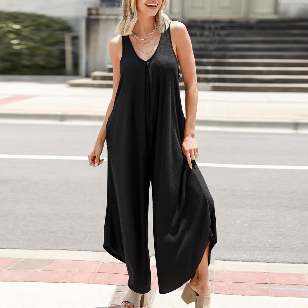 Womens Overall Jumpsuits Summer Sleeveless Ruched V Neck Flared Wide Leg Pants Rompers With Pockets
