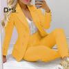 2 Pcs/Set Women Suit Coat Pants Set Lapel Button Decor Mid Length Cardigan Long Sleeve Jacket High Waist Straight Trousers Lady Formal Commute Outfit