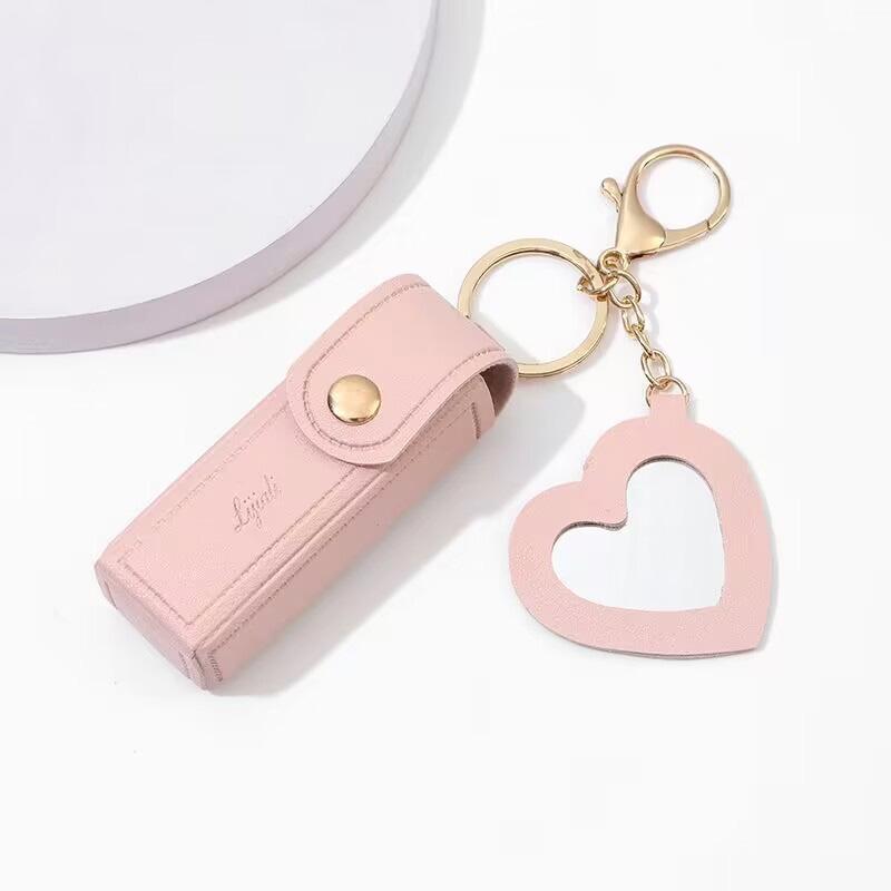 1pc Lipstick Bags Portable Keychain Solid Wallet Mini With Mirror Leather Protective Cover