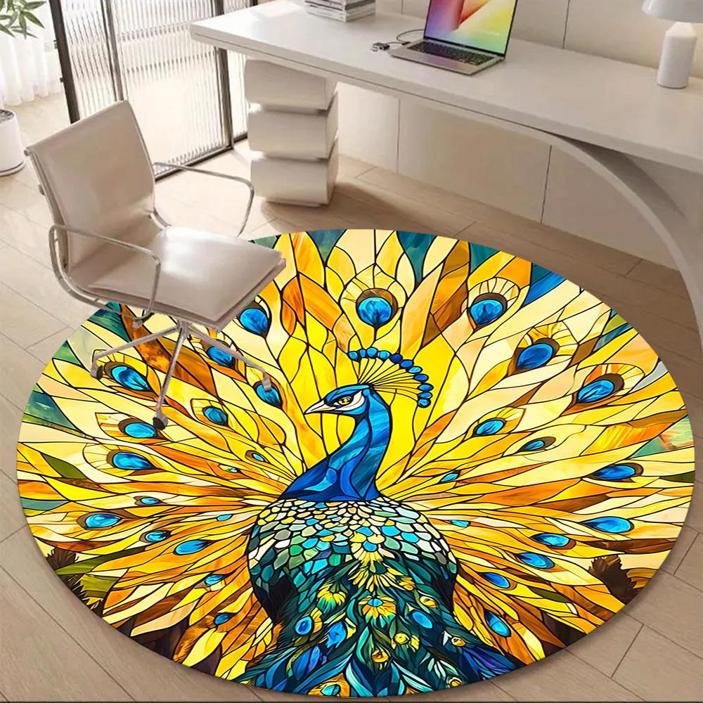 1PC Peacock StainedGlass Office Round Area Rug, Mat Suitable For Office, Under Office Chairs Bedroom Living Room Home Decor, Room Deco