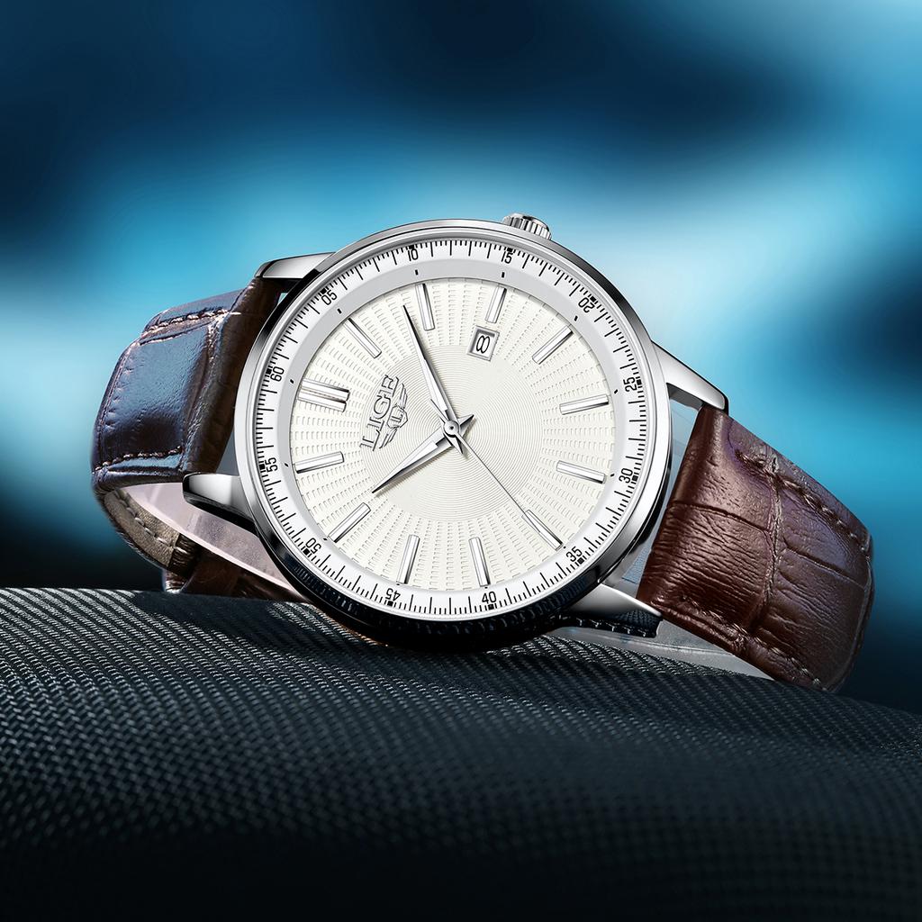 LIGE Fashion Men's Quartz Watch Business Leather Strap Waterproof Night Light Luxury Date Clock Relojes Para Hombres