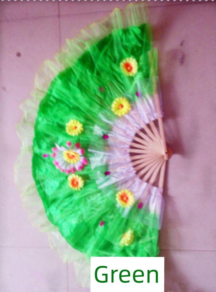New Direct-Selling Fan with Gemstone Sequins, Four-Layer Tulle, Double-Sided Floral Design, Gold Thread Edging, Suitable for Yangko Dance
