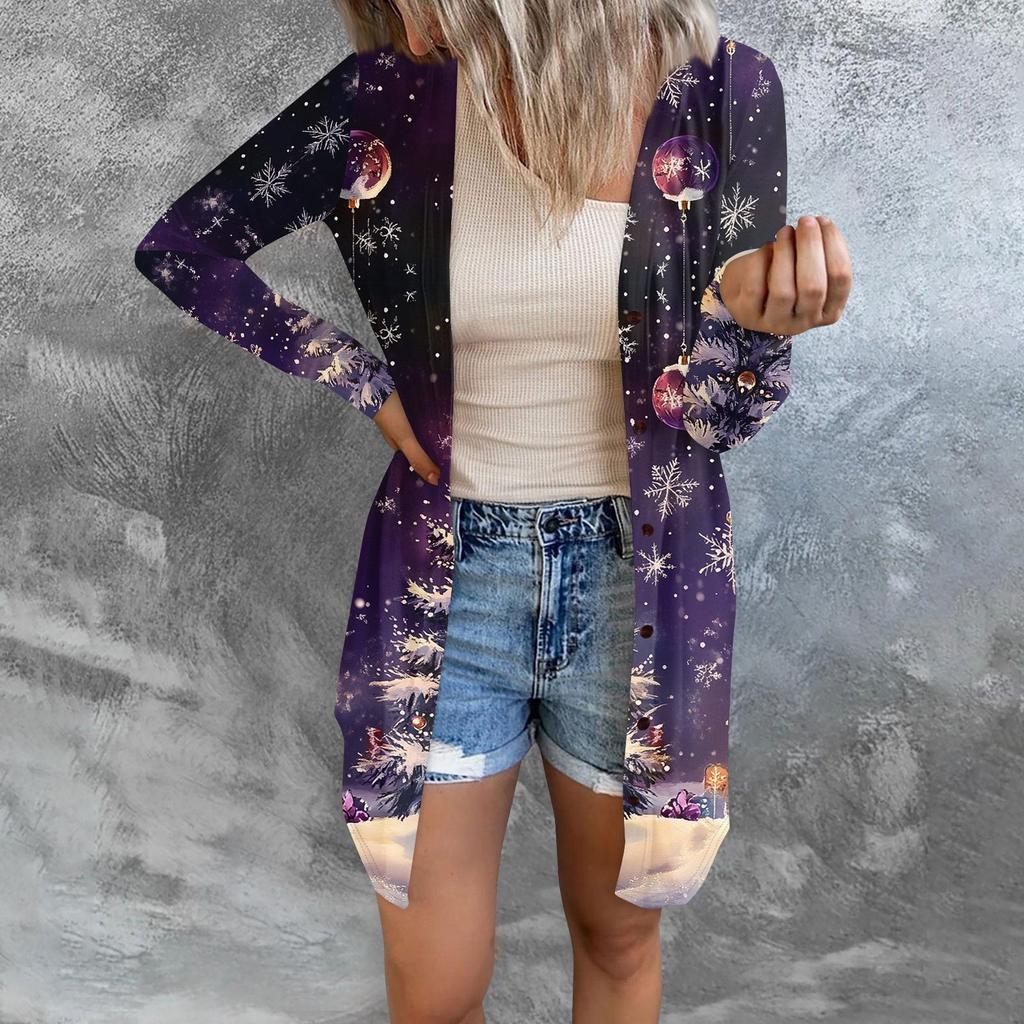 Women's Fashion Casual Long-sleeved Print Medium Length Cardigan Button Jacket Coat