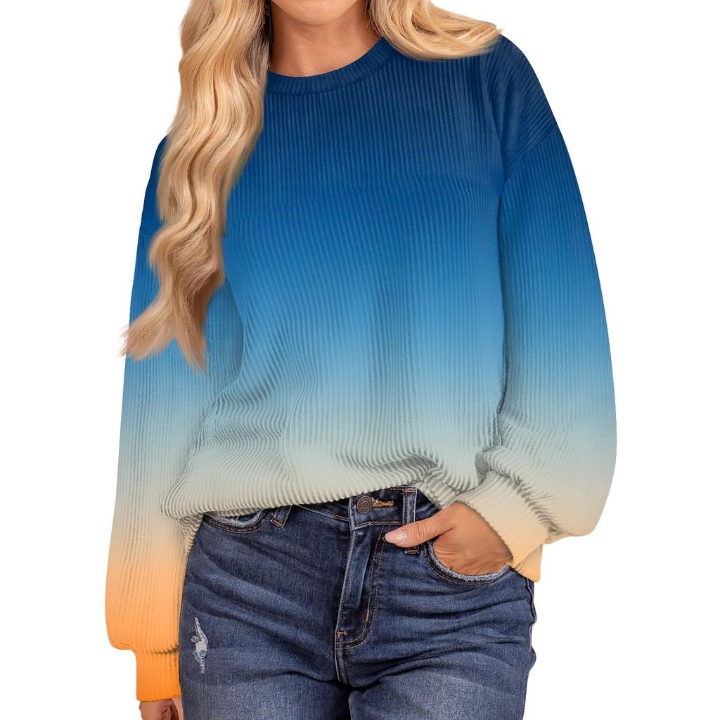 Женские повседневные свободные туники, топы с круглым вырезом, трикотажные ребристые рубашки с принтом, длинный рукав, пуловер, топ