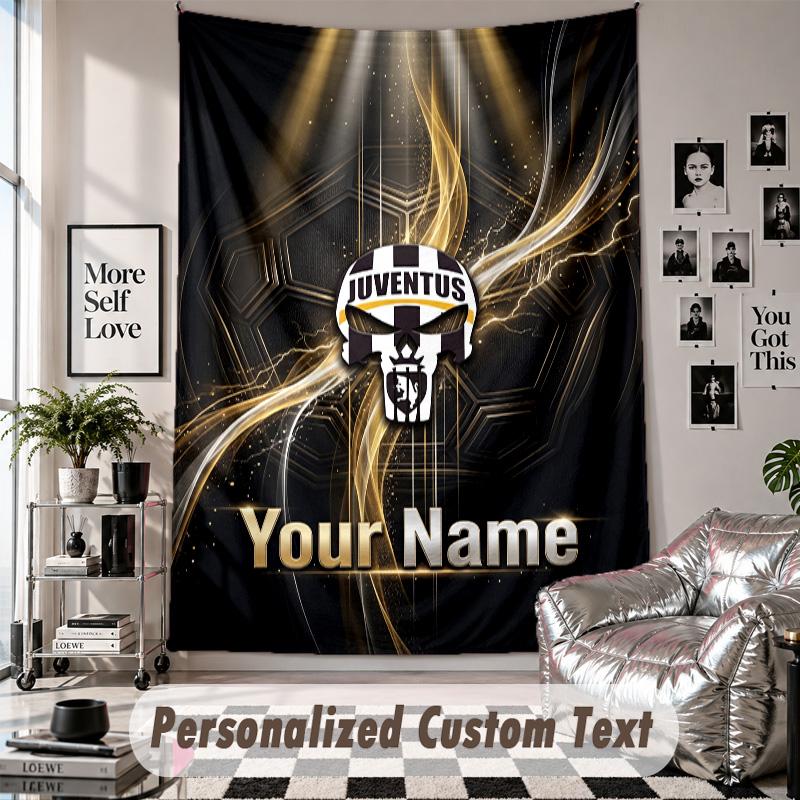Wall Hanging Tapestry With Custom Name & Text, Juventus FC Decorative Tapestry For Bedroom