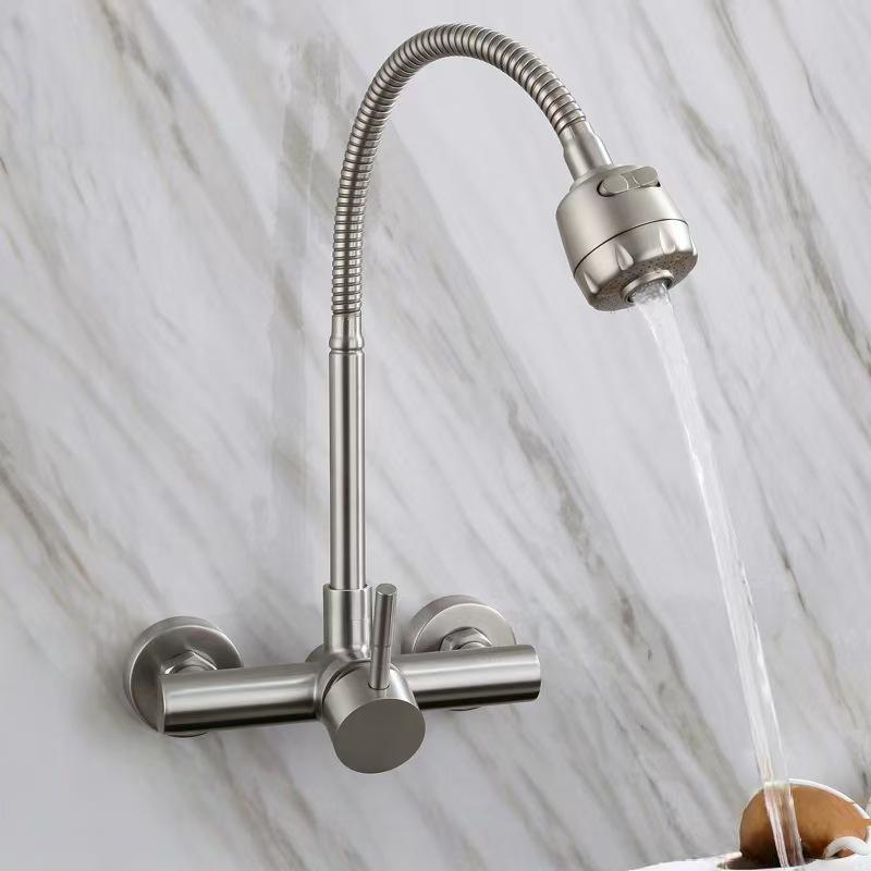 Настенный кухонный смеситель из нержавеющей стали 304 с двумя отверстиями и поворотным изливом для горячей/холодной воды