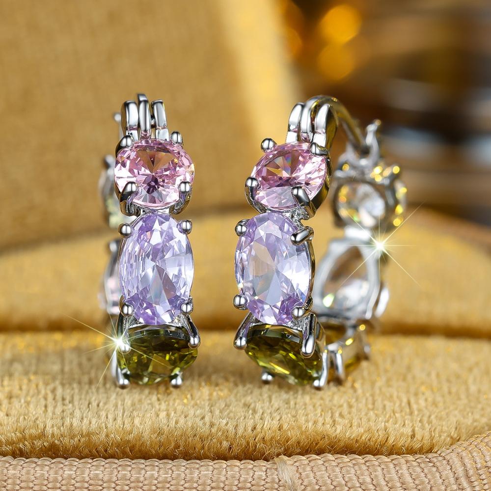 Creative Pink Purple Olive Green Zircon Hoop Earrings Women's Silver Color Circle Earrings Party Wedding Jewelry Gifts