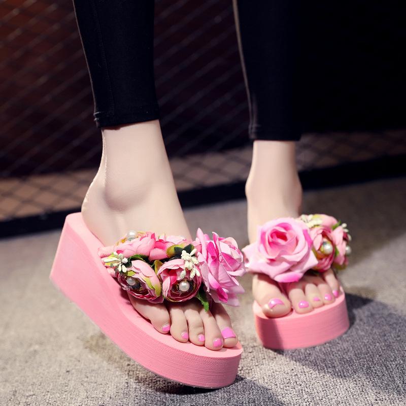 Fashion Platform Sandals 2024 Summer Fashion Women Flip Flops Wedge Beach Slides Flower Pearl Ladies Outside Thick Sole Bohemian Sandals