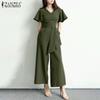 Women Solid V Neck Short Sleeve Playsuit Wide Leg Jumpsuit
