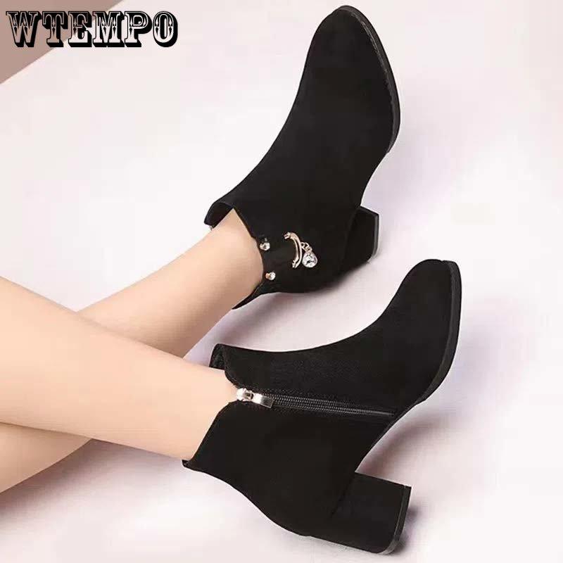 Женские кожаные ботинки из искусственной замши, матовая кожа, короткий цилиндр, на высоком каблуке с круглой головкой, водяная буровая машина, боковая молния, противоскользящие пригородные туфли на толстом каблуке, мягкая подошва