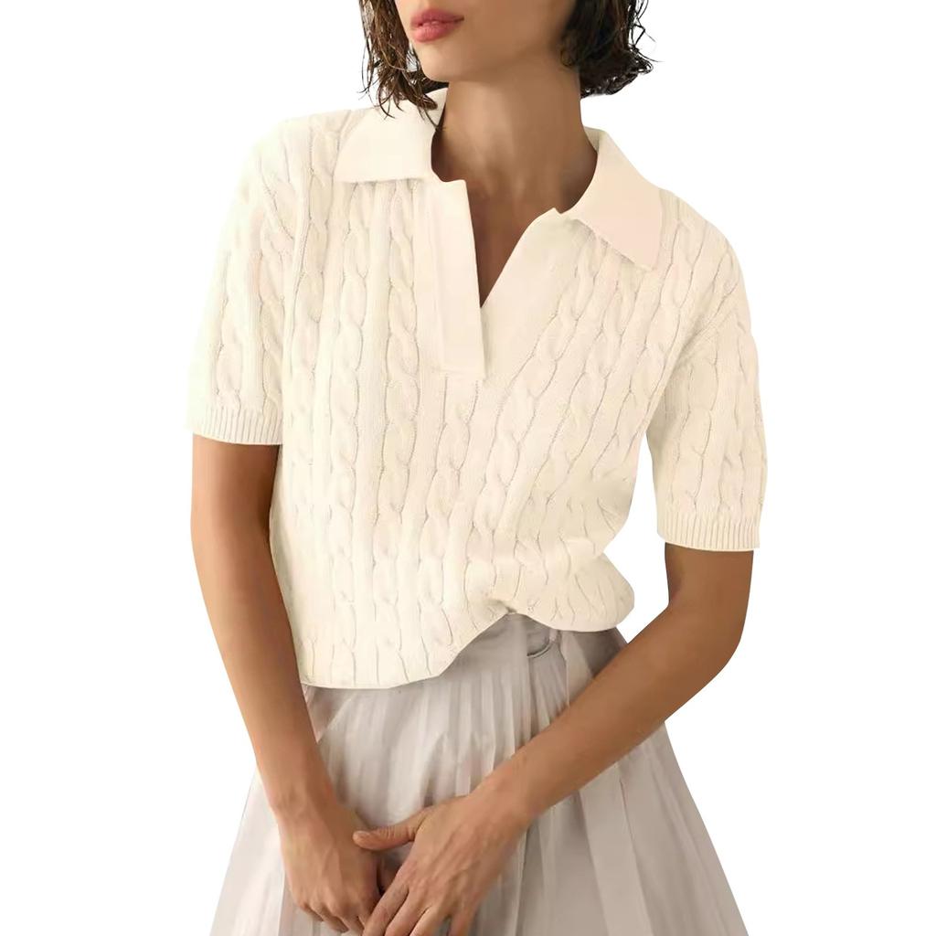 Women's Fashionable Short Sleeved V-neck Solid Color Knitted Pullover