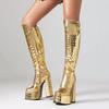 2025 Камень Полоса Металлический Цвет Модный Тренд Женские Сапоги до Колена Ультра Высокая Платформа Боковая Молния Дышащая Подкладка Сапоги-Витрина