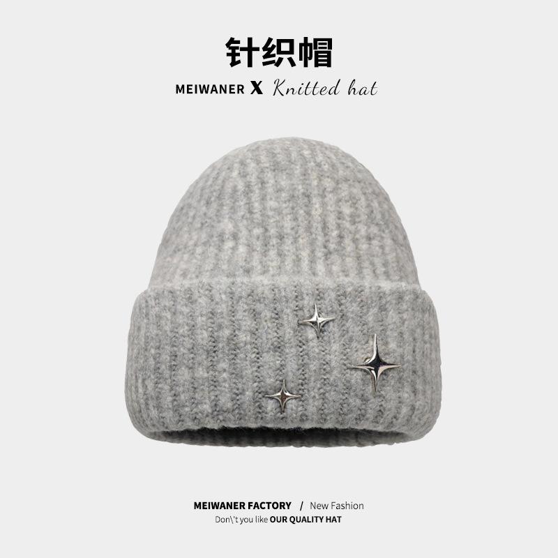 Star wool hat women's fashion autumn and winter versatile knitted hat thickened warm ear protection simple cold hat