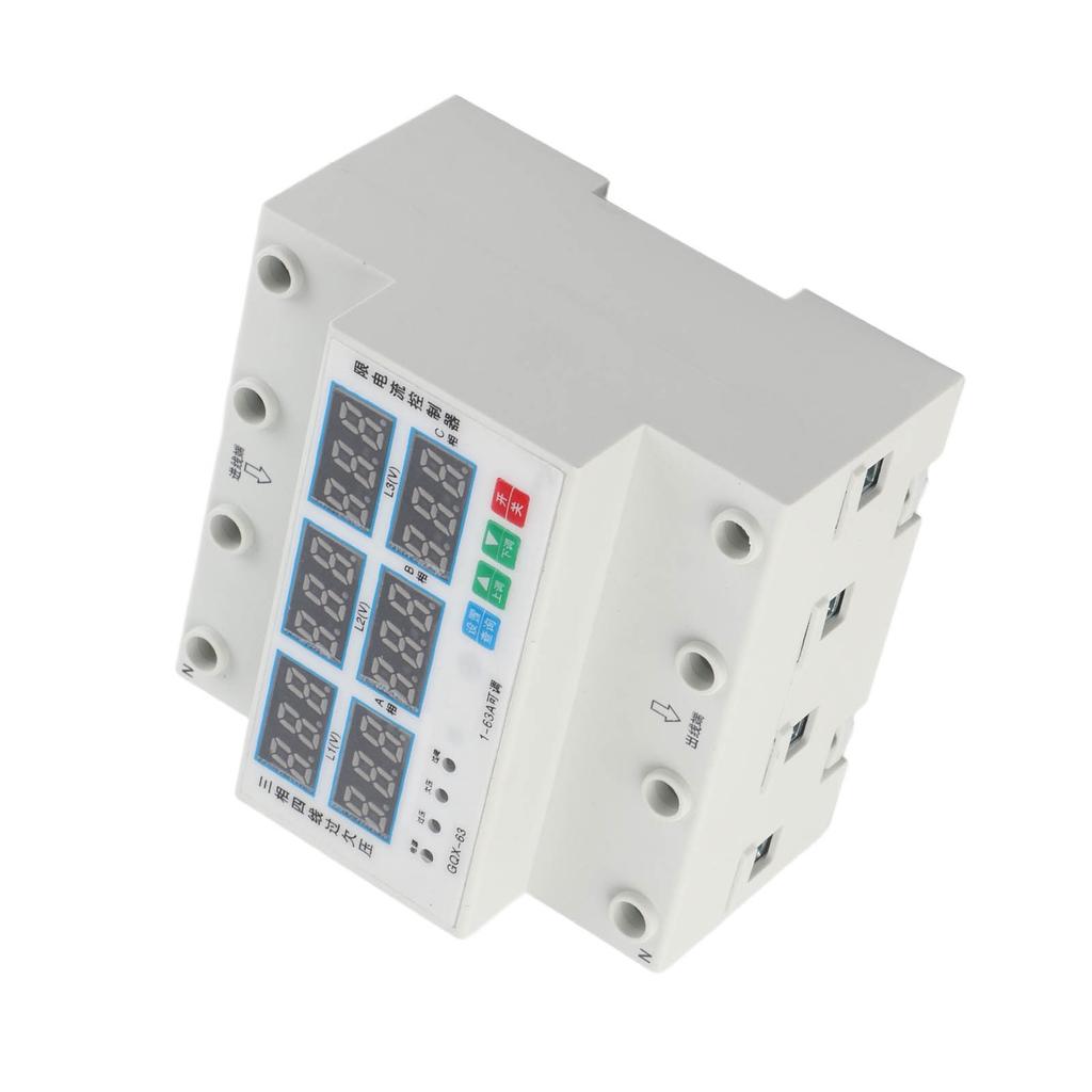 3-фазный вольтметр на DIN-рейку, амперметр, регулируемый предохранитель от перенапряжения, пониженного напряжения и перегрузки по току 63A