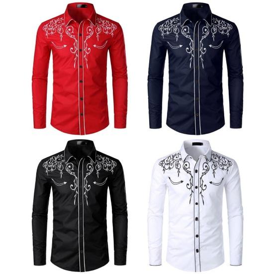 Мужская ковбойская рубашка в стиле вестерн, однобортная однобортная повседневная рубашка с воротником с лацканами и вышивкой, приталенная повседневная рубашка