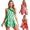 Womens Christmas Party Dress Single Shoulder Sleeveless High Waist A Line Design Bow Knot Stripes Holiday Festival Costume