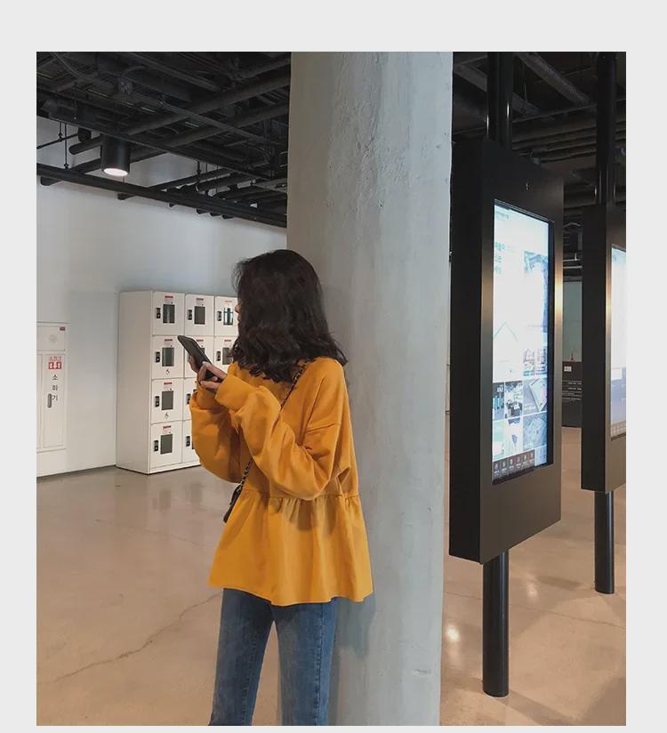 2023 Осень Корейский Женский Свободный Повседневный Однотонный Свитер-Футболка с Длинным Рукавом Тренд