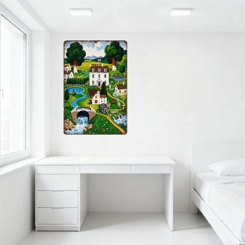 Vibrant Whimsical Countryside Metal Tin Sign, Two-Story House, Stream, Cows, Stone Mill, Rolling Hills - Vintage Home Decor for