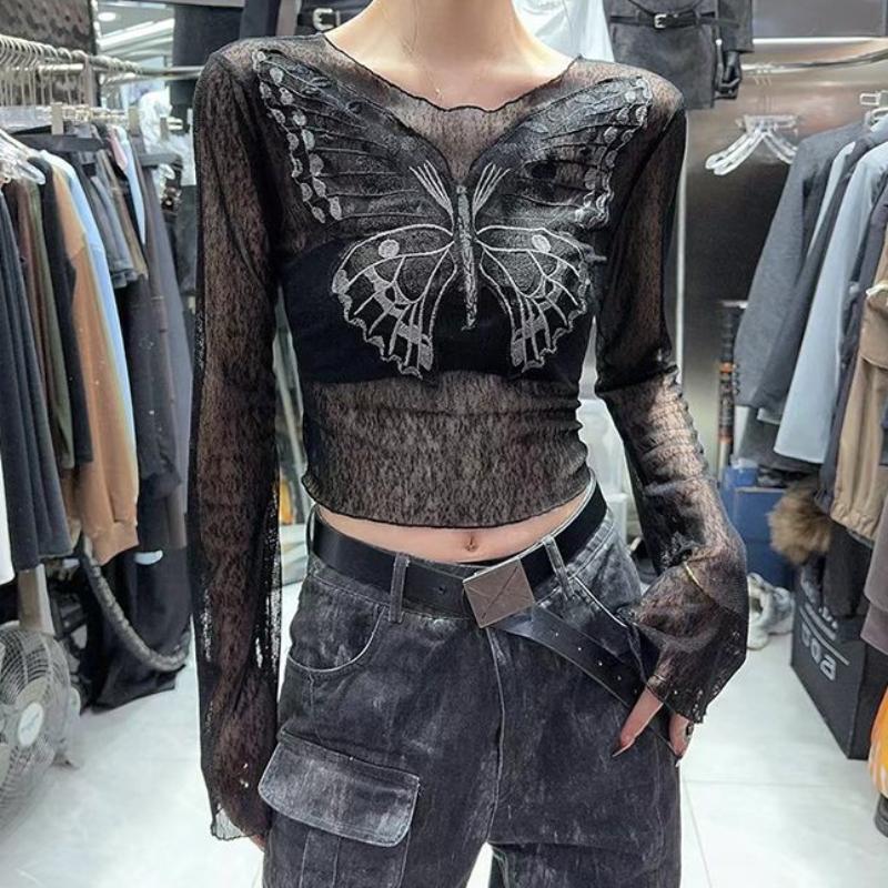 Sunscreen Long Sleeved T-shirt for Women's Summer Slimming and Versatile Butterfly Mesh Top for External Wear