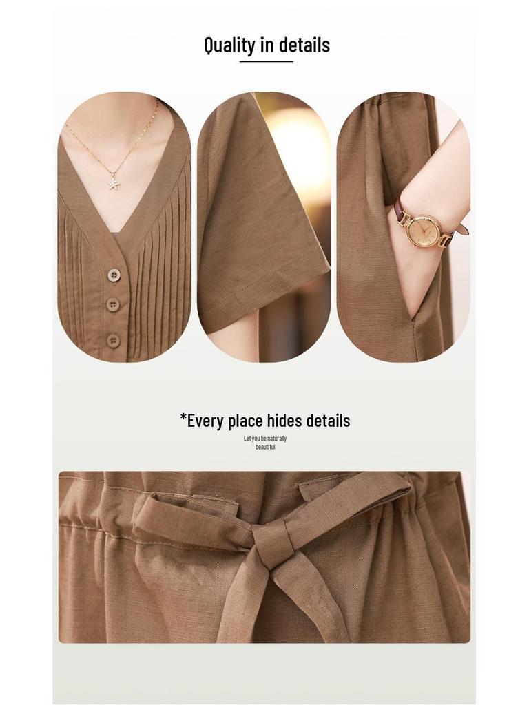 Летнее платье миди с V-образным вырезом, приталенное, из хлопка и льна, для женщин среднего возраста, 2025