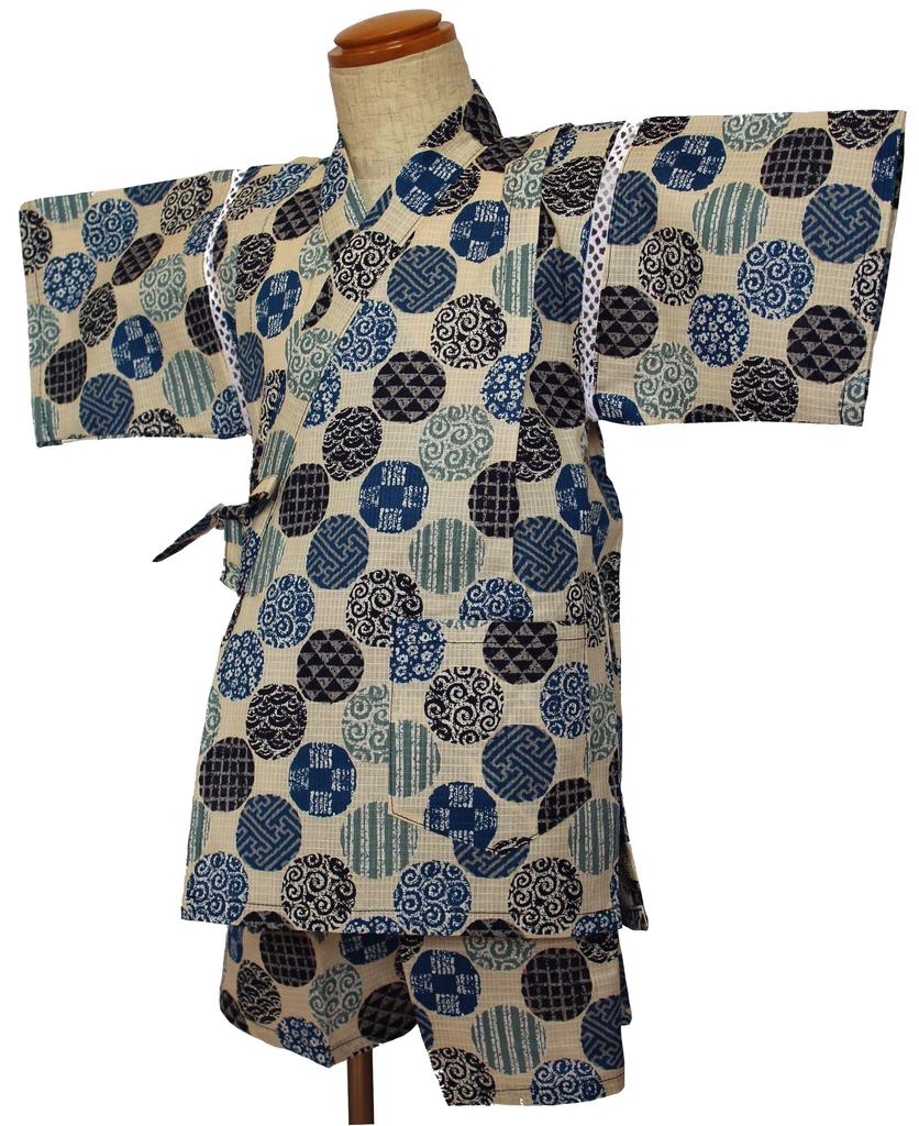 Round Made In Variable Summer Summer Room Wear [Warudo] Children's Jinbei, Boys, Kids, Jinbei, Pattern, Beige, Japan, Weave, 100% Cotton, Sizes 90,