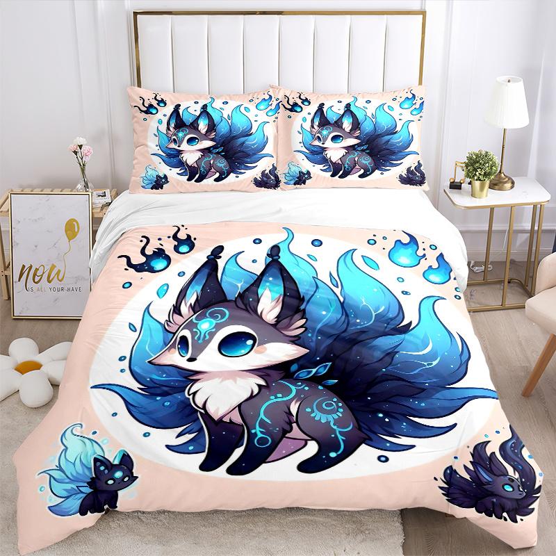 3pcs Cute Fox Material Quilt Cover Set - Soft & Comfortable Polyester Fabric, All-Season Breathable Comforter Set For 1 Quilt Cover & 2 Pillowcas