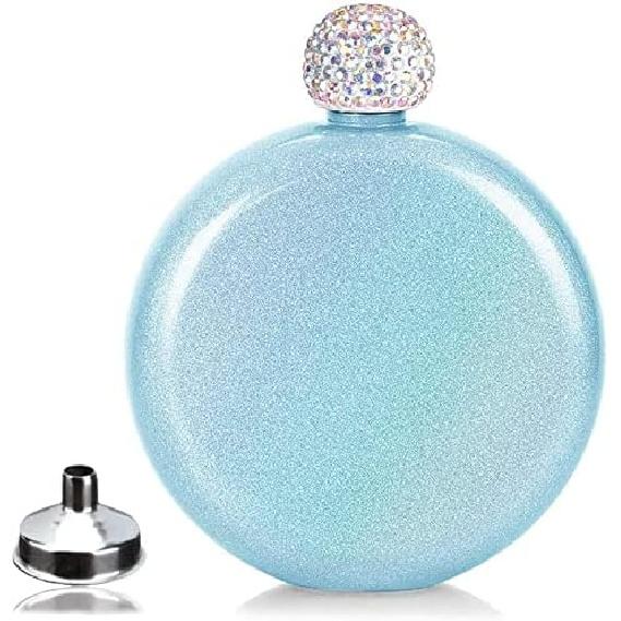 Cute Liquor Flask for Women, Junya 304 Stainless Steel,Pretty Glitter Coating Whiskey Flasks,Shining Rhinestone Cap,Portable Wine Flask for Drink Bar