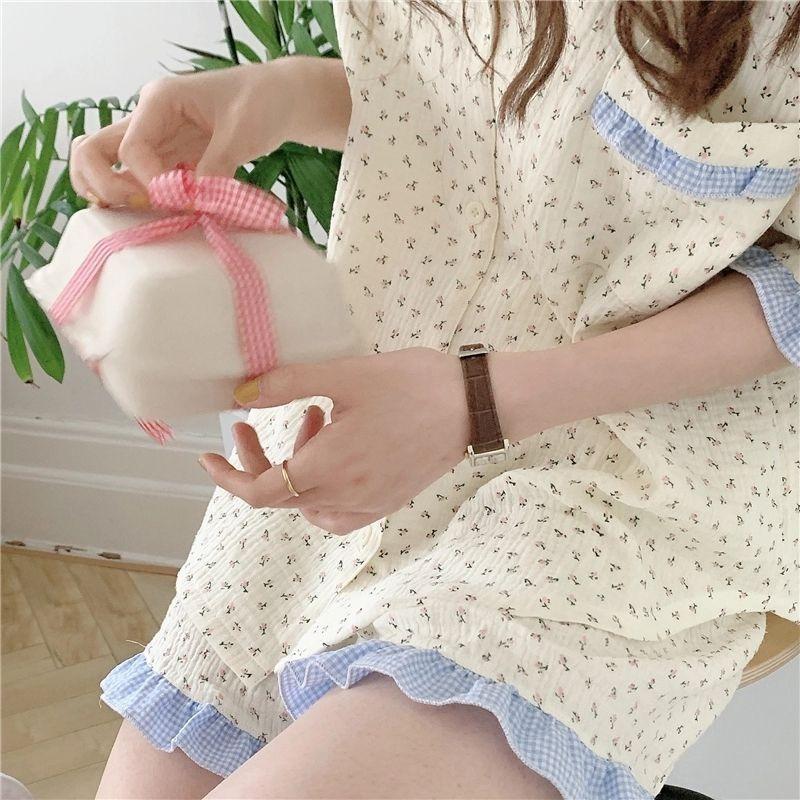 Летний вариант студенческой пижамы, комплект домашней одежды, женские кружевные милые маленькие цветы, шорты с короткими рукавами, пижама для дома