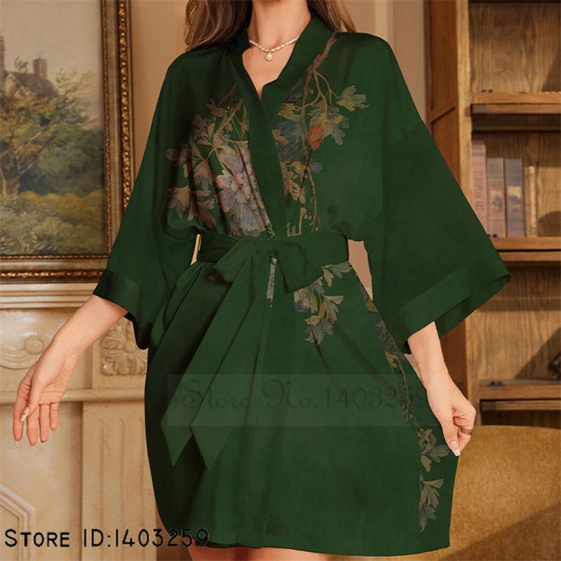 Плюс размер сексуальный женский халат пижамы шелковистый атласный кимоно халат платье юката китайский стиль принт филиал ночная рубашка повседневная домашняя одежда