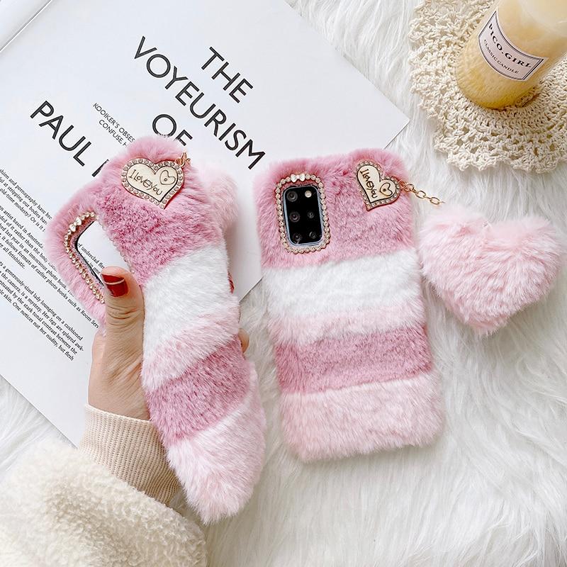 Чехол с подвеской в ​​форме сердца и кролика для Samsung Galaxy S21 S20 S10 S9 S8 Plus S7 A13 A33 A53 A12 A22 A32 A52 A21s A31 A51 A71, плюшевый чехол для телефона с волосами