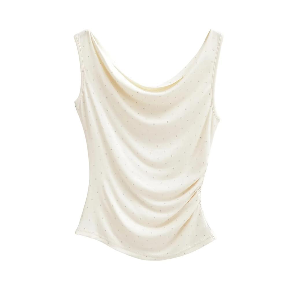Hot Diamond Sleeveless Off-Shoulder T-Shirt Women's Summer New American Spice Girl Style Waist Pleated Short Bottom Top