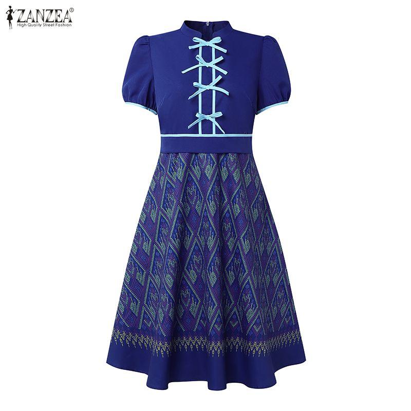 ZANZEA Женское повседневное летнее платье с принтом, воротником-стойкой и короткими рукавами