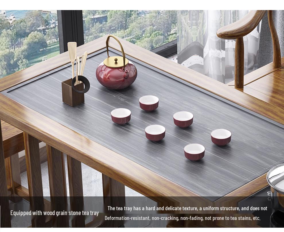 Solid Wood Rotating Tea Table Set with Chairs and Kettle, Mobile Balcony Coffee Table for Home.